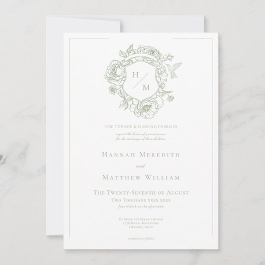 Elegante groene Chinoiserie Bird & Crest bruiloft Kaart (Voorkant)