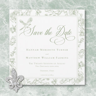 Elegante groene Chinoiserie Bird & Crest bruiloft Save The Date