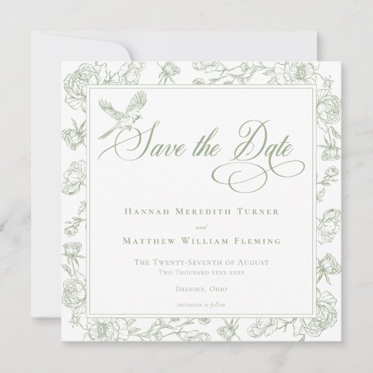 Elegante groene Chinoiserie Bird & Crest bruiloft Save The Date (Voorkant)