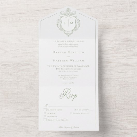 Elegante groene Chinoiserie Bird Crest Wedding All In One Uitnodiging (Binnen)