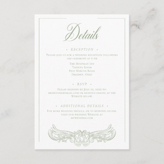 Elegante groene Chinoiserie Bird Crest Wedding Informatiekaartje (Voorkant)