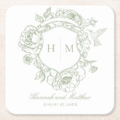 Elegante groene Chinoiserie Bird Crest Wedding Kartonnen Onderzetters (Voorkant)