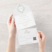 Elegante groene Chinoiserie Bird Crest Wedding QR All In One Uitnodiging (Afscheurbaar)