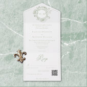 Elegante groene Chinoiserie Bird Crest Wedding QR All In One Uitnodiging