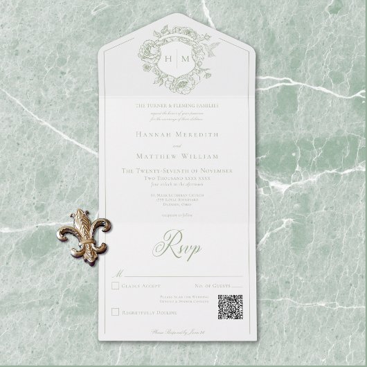 Elegante groene Chinoiserie Bird Crest Wedding QR All In One Uitnodiging