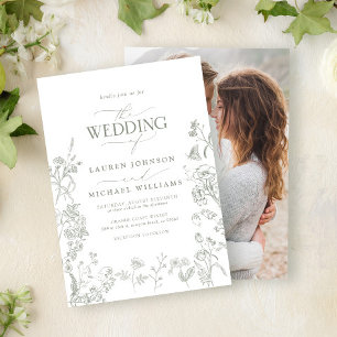 Elegante Groene Chinoiserie Bloemenfoto Bruiloft Kaart