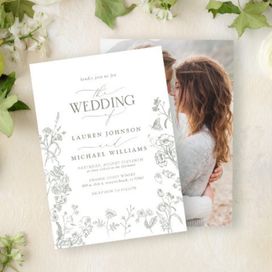 Elegante Groene Chinoiserie Bloemenfoto Bruiloft Kaart