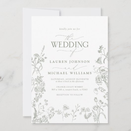 Elegante Groene Chinoiserie Victoriaans Bloemenbru Kaart (Voorkant)