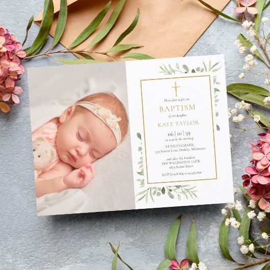Elegante Groene Doop Christening Foto Uitnodiging Briefkaart
