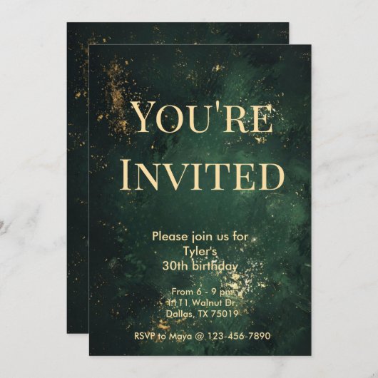 Elegante groene en faux gouden verjaardag uitnodig kaart (Voorkant / Achterkant)