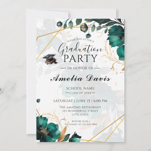 Elegante groene en gouden afstudeerfeest uitnodigi kaart (Voorkant)