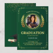 Elegante Groene en Gouden Afstuderen Ceremonie Kaart (Voorkant / Achterkant)