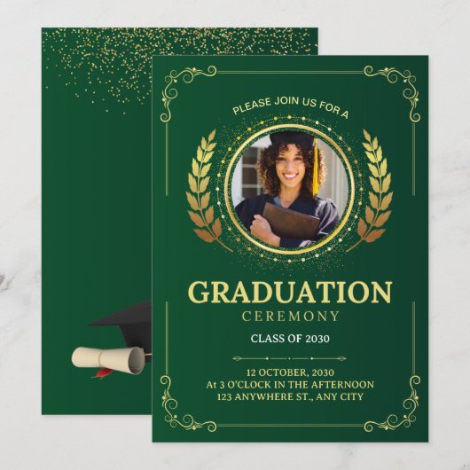 Elegante Groene en Gouden Afstuderen Ceremonie Kaart (Voorkant / Achterkant)