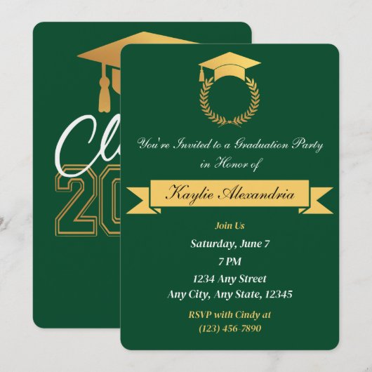 Elegante groene en gouden Afstuderen uitnodiging (Voorkant / Achterkant)