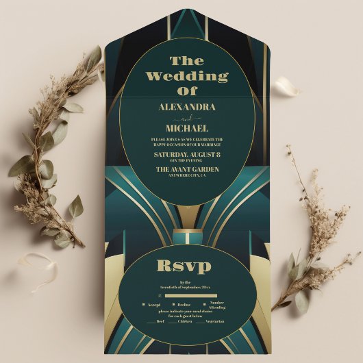 Elegante Groene en Gouden Art Deco Bruiloft All In One Uitnodiging