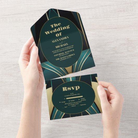 Elegante Groene en Gouden Art Deco Bruiloft All In One Uitnodiging (Afscheurbaar)