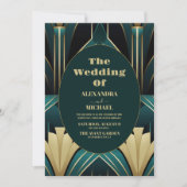 Elegante Groene en Gouden Art Deco Bruiloft Kaart (Voorkant)