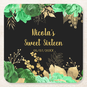 Elegante groene en gouden bloemen Sweet Sixteen Kartonnen Onderzetters
