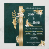 Elegante groene en gouden bloemen uitnodiging (Voorkant / Achterkant)