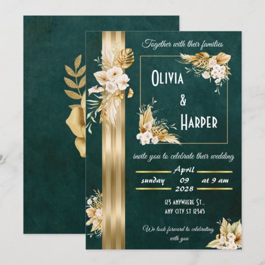 Elegante groene en gouden bloemen uitnodiging (Voorkant / Achterkant)