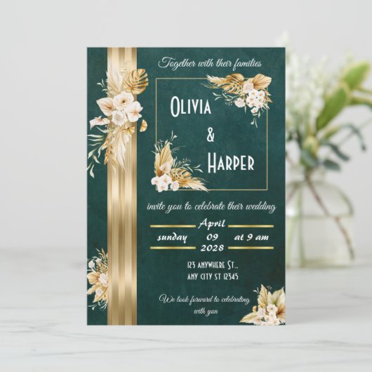 Elegante groene en gouden bloemen uitnodiging (Staand voorkant)