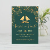 Elegante groene en gouden bloemenvogels Aangepaste Save The Date (Staand voorkant)