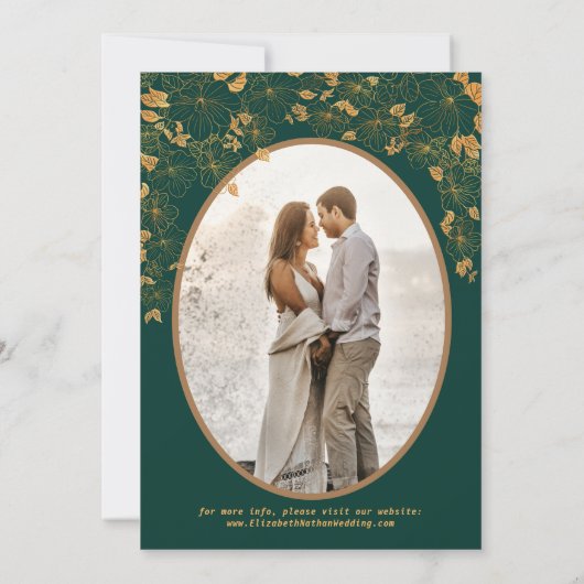 Elegante groene en gouden bloemenvogels Aangepaste Save The Date (Achterkant)