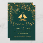 Elegante groene en gouden bloemenvogels Aangepaste Save The Date (Voorkant / Achterkant)