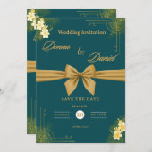 Elegante groene en gouden bruiloft uitnodiging met (Voorkant / Achterkant)