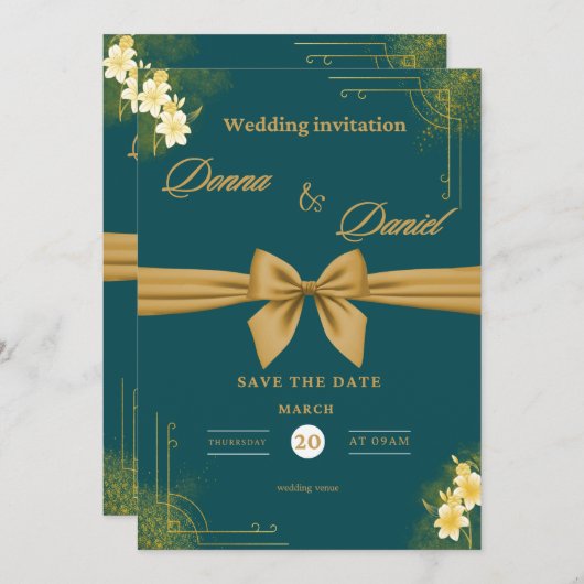 Elegante groene en gouden bruiloft uitnodiging met (Voorkant / Achterkant)