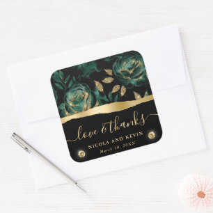 Elegante groene en gouden glinsterende roos bloemi vierkante sticker