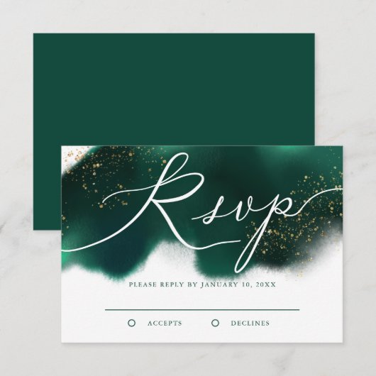 Elegante Groene en Gouden Glitter Bruiloft RSVP Kaartje (Voorkant / Achterkant)