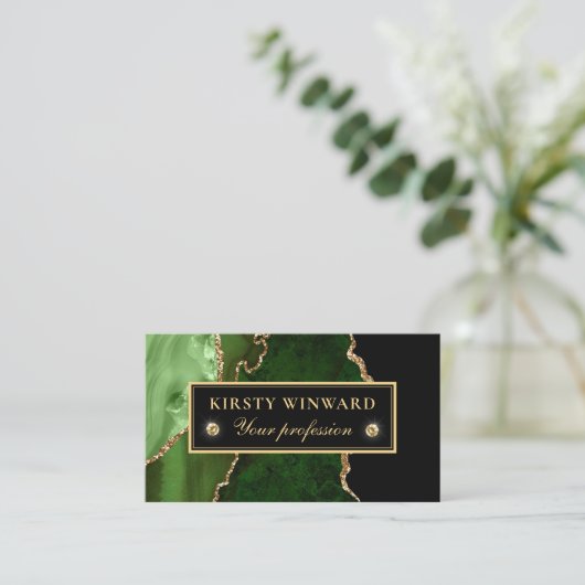 Elegante groene en gouden glitter marmeren agaat visitekaartje (Staand voorkant)