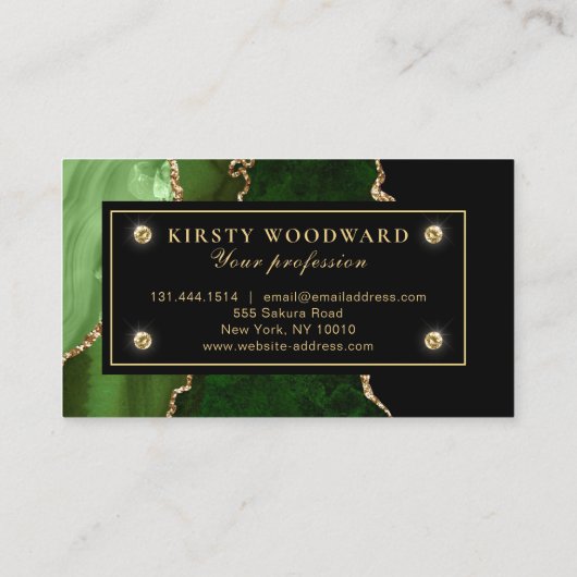 Elegante groene en gouden glitter marmeren agaat visitekaartje (Achterkant)