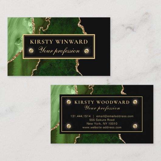 Elegante groene en gouden glitter marmeren agaat visitekaartje (Voorkant / Achterkant)