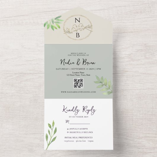 Elegante Groene en Gouden Huwelijk All In One Uitnodiging (Binnen)