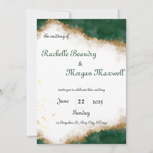 Elegante groene en gouden huwelijksuitnodiging kaart (Voorkant)