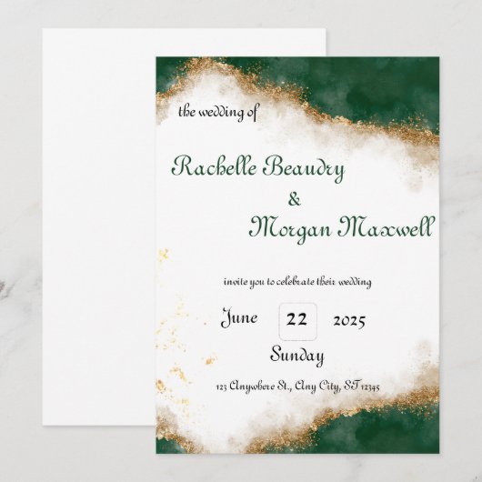 Elegante groene en gouden huwelijksuitnodiging kaart (Voorkant / Achterkant)