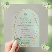 Elegante groene en gouden kruisdoopuitnodiging 