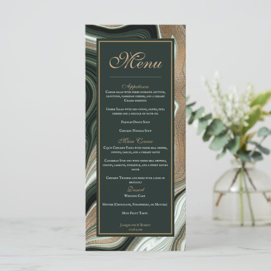 Elegante groene en gouden marmeren bruiloft menu (Staand voorkant)