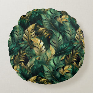 Elegante groene en gouden Monstera bladeren Rond Kussen