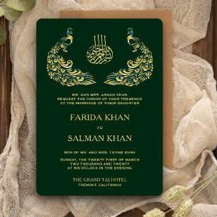 Elegante groene en gouden pauw islamitische bruilo kaart