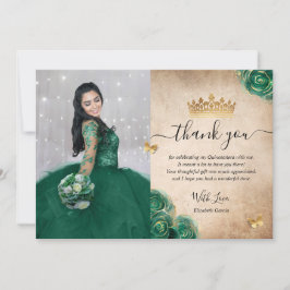Elegante Groene en Gouden Quinceañera Foto Verjaar Bedankkaart