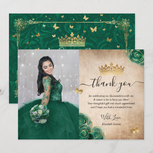 Elegante Groene en Gouden Quinceañera Foto Verjaar Bedankkaart