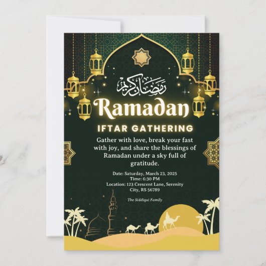 Elegante groene en gouden Ramadan iftar uitnodigin Kaart (Voorkant)