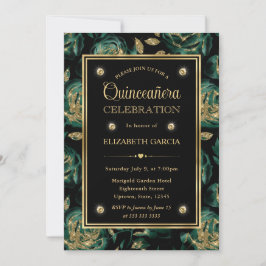 Elegante groene en gouden roos bloemige Quinceaner Kaart