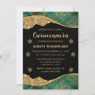 Elegante groene en gouden sneeuwvlok Quinceanera Kaart