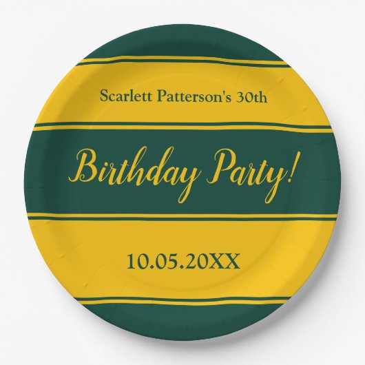 Elegante groene en gouden strepen moderne verjaard papieren bordje (Voorkant)