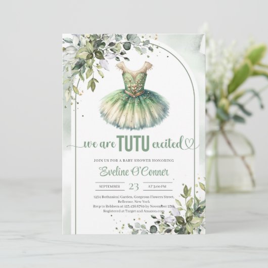 Elegante groene en gouden tutu jurk eucalyptus kaart (Staand voorkant)