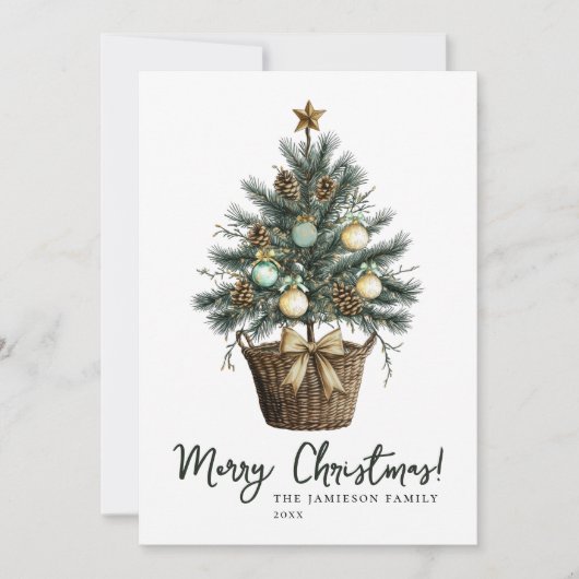 Elegante groene en gouden Waterverf kerstboom Feestdagenkaart (Voorkant)